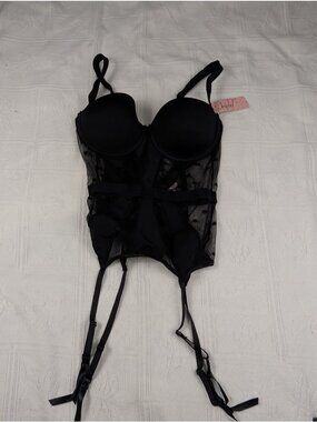 NWT Jezebel Lingerie corset Stocking Suspenders thong set size M Black Lace